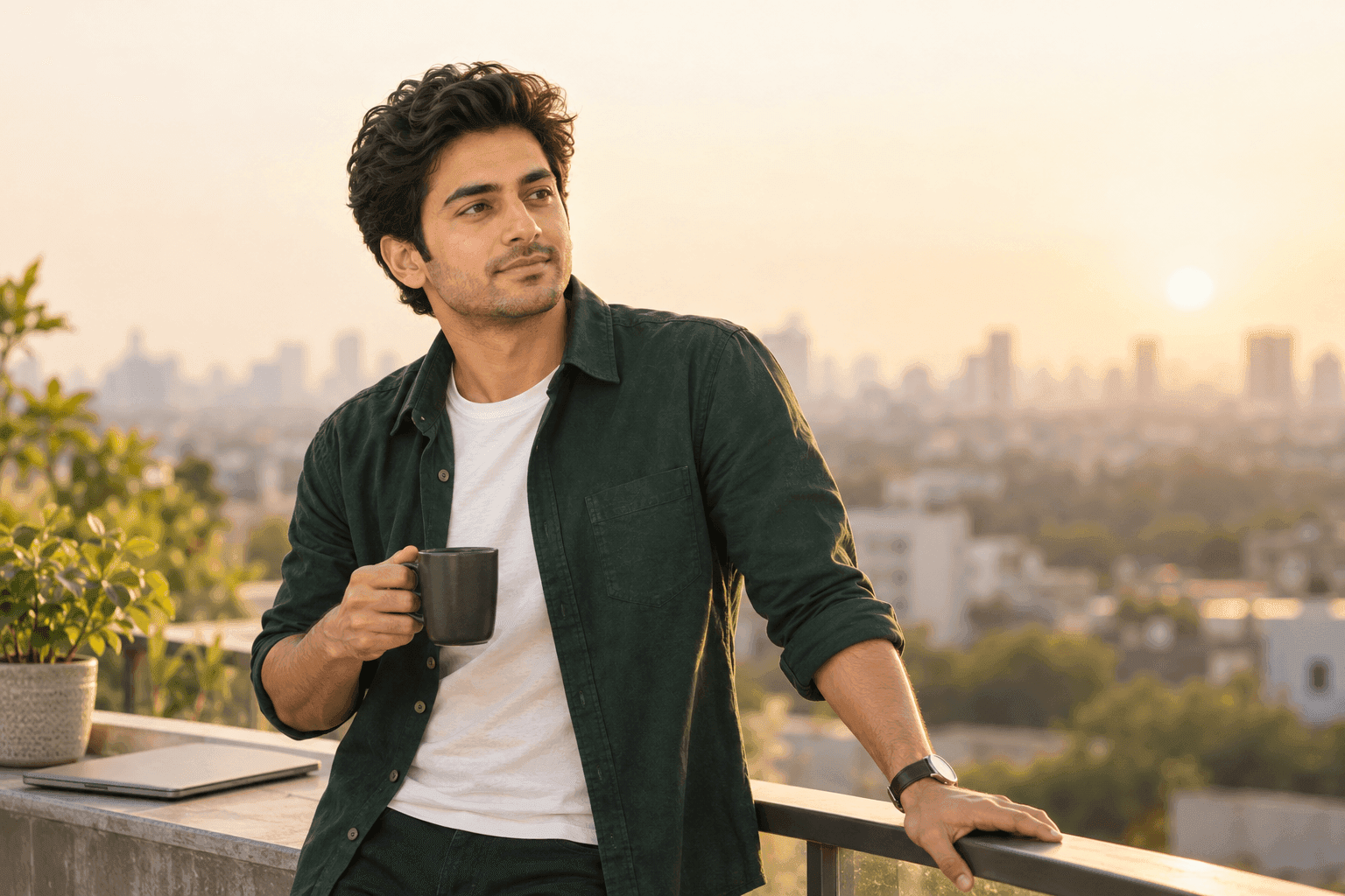 A man on a rooftop terrace at dusk, looking out over the city with a cup of coffee