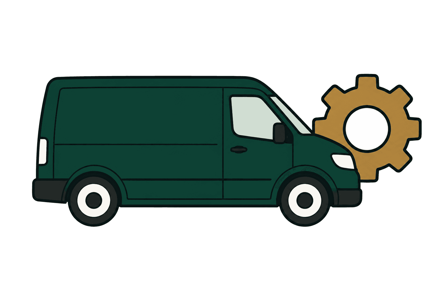 A delivery van beside a gear