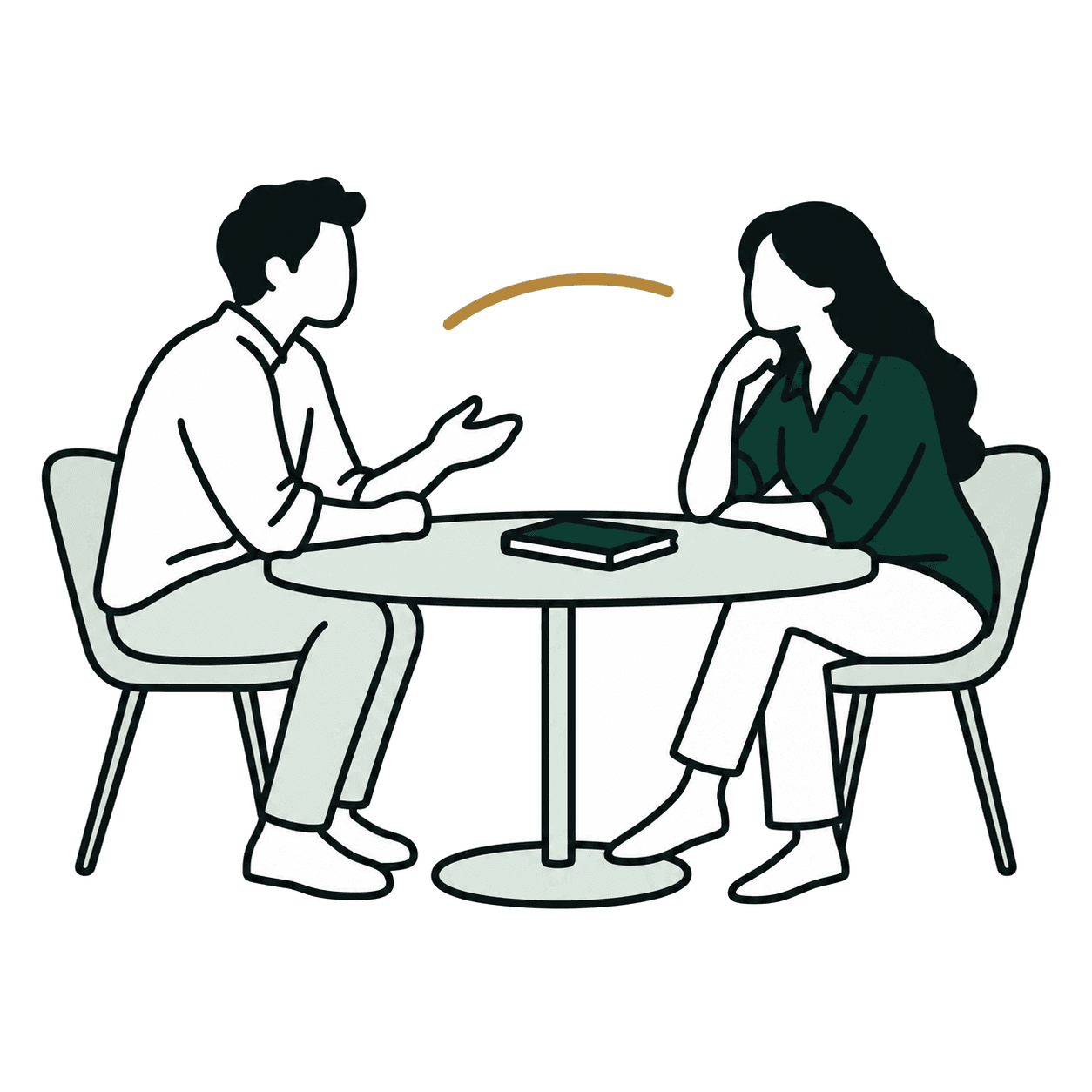 Two people talking across a table